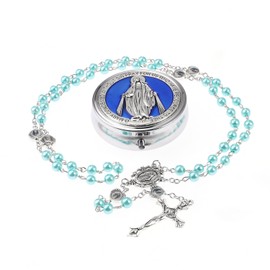 6mm Blue Glass Pearl Rosary Beads Catholic for Women, Virgin Mary Medal, Bead Necklace First Communion Gifts with Virgin Mary Gift Box