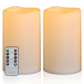 Yongmao 8" x 5" Waterproof Outdoor Flameless Candles Battery Operated LED Flickering Pillar Candles with Remote and Timer for Indoor Outdoor Lanterns, Long Lasting, Ivory White Large, Set of 2