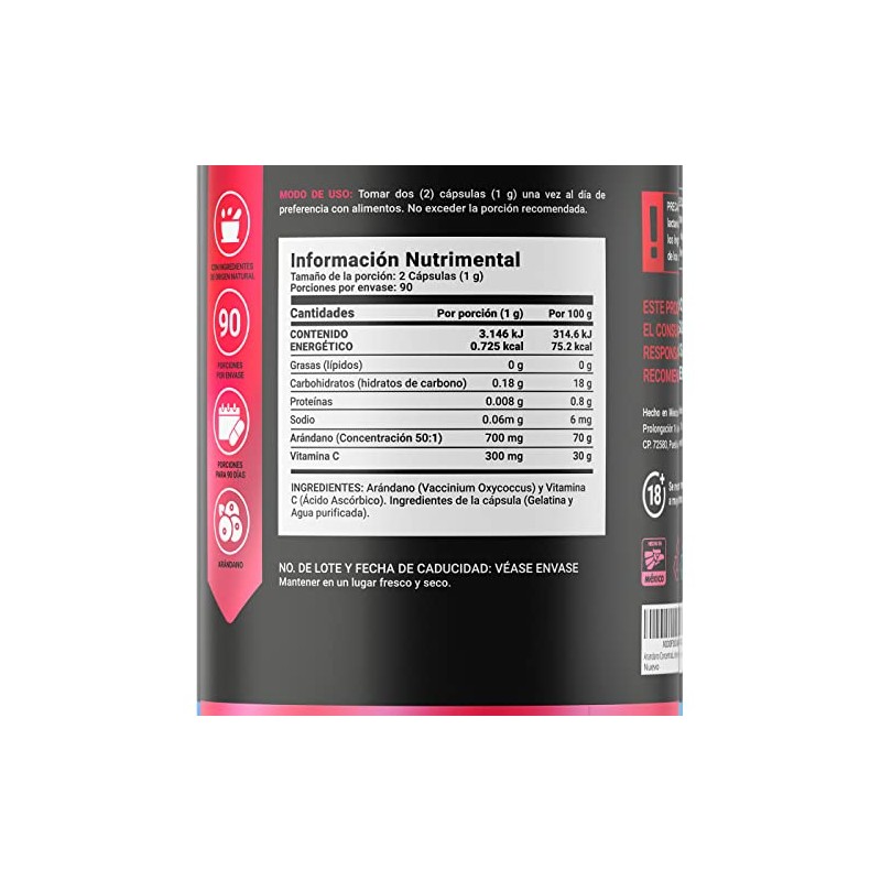 Arándano Concentrado 50:1 de 180 Cápsulas con Vitamina C. Ingredientes
