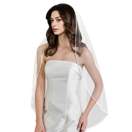 GAODESI Wedding Veil Pearls and Crystals Beaded Edge 1 Tier Fingertip Length Bridal Veil