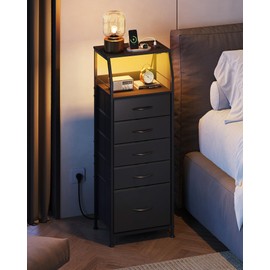 WLIVE LED Nightstand with Charging Station, Fabric Dresser with 5 Drawers for Bedroom, Tall Night Stand with Open Shelves, Bed Side Tables Living Room, Black