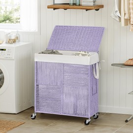 WOWLIVE Double Laundry Hamper with Lid, Handwoven Rolling Laundry Basket with Wheels, 115L Dirty Clothes Hamper with Removable Liner Bag Large Capacity Laundry Sorter Laundry Room Organization,Purple