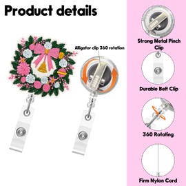 Christmas Badge Reel,Wreath Felt Embroidered Badge for ID Card Badge,Bow Bell Telescoping Retractable Badge Holder Alligator Clip Accessories for Nurse,Medical Worker,Nursing Student,Teacher