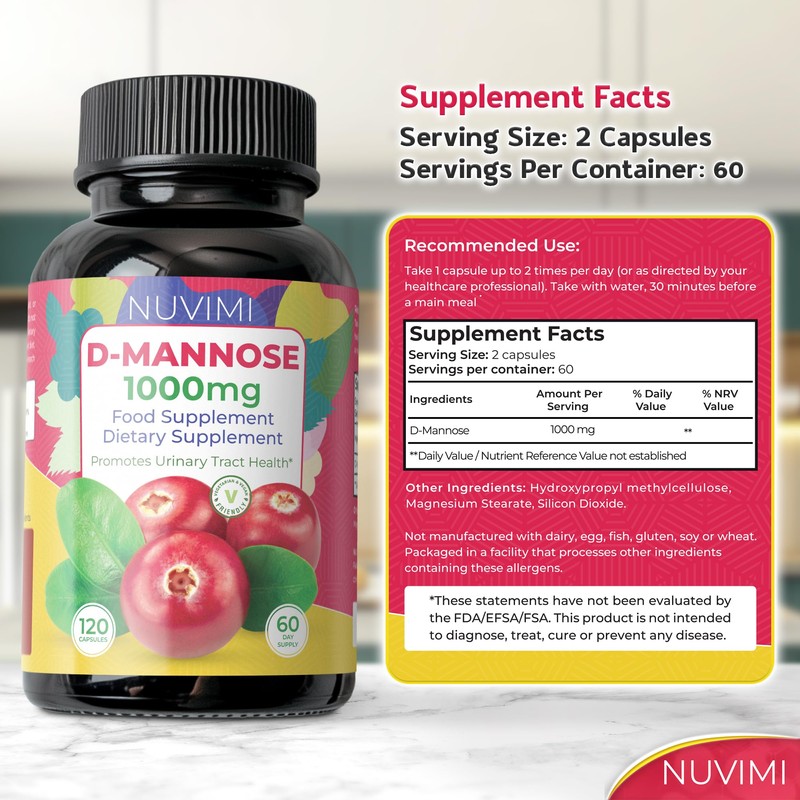 D Mannose 120 Capsules, 1000 mg per Dose, Promotes Urinary