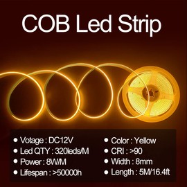 HAMRVL COB LED Strip Lights Yellow, DC12V 16.4ft/5M 320leds/M CRI90 Bright Flexible LED Tape 8mm, for Indoor Home Cabinet,Bedroom,Kitchen,Stage,Backlight DIY Lighting(Without Power Supply) (Yellow)