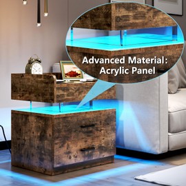TC-HOMENY Acrylic Float Nightstand with Voice-Activated Mode, LED Nightstand with Charging Station, Side Table End Table with 2 Drawers (Brown)