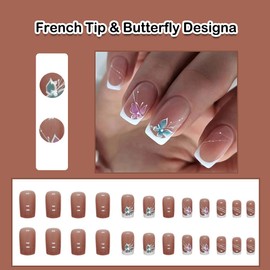ANDGING French Tip Press on Nails Short Medium Square White fake on Nails with Butterfly Design Acrylic Fake Nails for Wedding False Nails Women Girls Gel Manicure Stick on Nail with fake FSD88AL