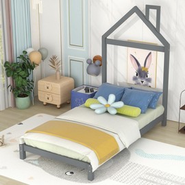 Twin Bed Frame with Headboard and Slats, Twin Size Platform Bed with House Shaped Headboard, Twin Bed for Kids, Boys, Girls(Gray Twin)