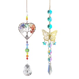 TYXHXTF Pack of 2 Suncatcher Crystal Wind Chimes, Hanging Wind Chimes Tree of Life Butterfly Pendant Crystals, Ornament Crystal Balls, for Home Office, Outdoor Decoration