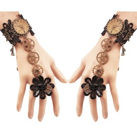 Daimay Bronzing Fingerless Gloves Gothic Floral Lace Steampunk Wristband Ring Vintage Beaded Gloves Bridal Bracelet Ring Set - 1 Pair –Gear flower
