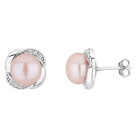 Exquisite Freshwater Cultured Pearl Earring, Cz & Sterling Silver, Natural Pink Pearl
