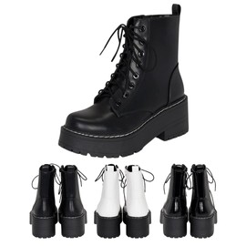Chariot & Co Pure- Women's Chunky Lug Sole Combat Lace Up Side Zipper Fashion Ankle Boot (Black PU, 6)