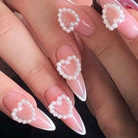 White French Press on Nails Medium Almond Fake Nails Nude Pink Acrylic Nails with 3D Pearl Love Design Spring Glossy Glue on Nails Full Cover False Nails for Women 24Pcs