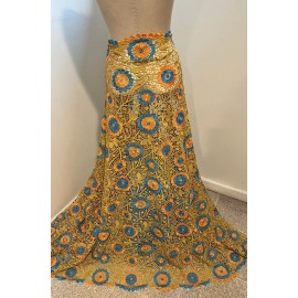 wowfabric4less123 GOLD ORANGE BLUE Rhinestone Beads Lace Fabric 50” Width Sold By Yard