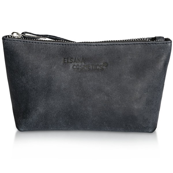 Elsana Cosmetics Genuine Leather Cosmetic Bag – Shaving Bag – Unisex – for Men and Women – (19 x 10 x 3), black