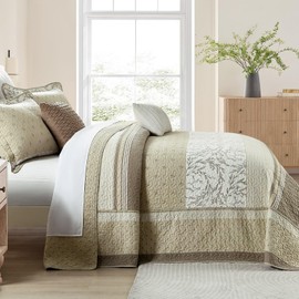 PANGUSHAN 102"×120" 100% Cotton Oversized Bedspread, Reversible Floral Farmhouse XL Oversized Quilt Coverlet Bedding Set, Quilted Bed Spread Lightweight Comforter, Brown/Beige