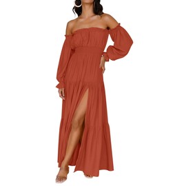ZESICA Women's 2025 Boho Sexy Off Shoulder Long Sleeve Smocked High Waist Side Split Flowy A Line Tiered Long Maxi Dress,Rust,Medium