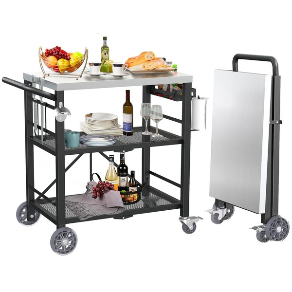 Folding Grill Table with Storage Rack, Stainless Steel Outdoor Grill