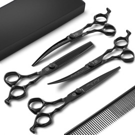 Purple Dragon Dog Grooming Scissors Set - Thinning, Straight, Up & Down Curved Scissors and Comb, 7 Inch Black Shears with Adjustable Screw for Dogs and Cats
