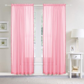 Elegant Comfort Semi-Sheer Pom Pom Tassels Curtains - 2 Panels Set - with 2inch Rod Pocket - Solid Sheer Curtain Drapes for Living Room, Bedroom, W40 X L84, Dusty Rose