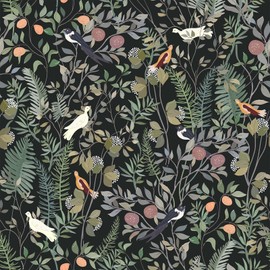 VEELIKE Whimsical Berries and Bird Wallpaper Peel and Stick Black Sprig Floral Wallpaper for Bedroom Living Room 17.7''x118'' Self Adhesive Removable Dark Botanical Wall Paper for Bathroom Dining Room