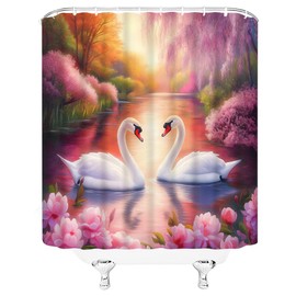 Swan Shower Curtain Pink Flower Dream Spring Lake Nature Scenery Romantic Floral Plant Animal Couple Valentine's Day Bathroom Decor Curtains with Hooks