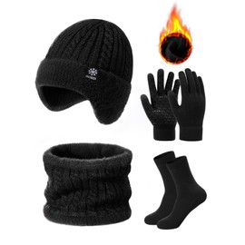 Voqeen Mens Winter Hat Scarf Gloves Set 4PCS Fleece Lined Thermal Knitted Cold Weather Sets Unisex Beanie Hat with Earmuffs Circle Neck Warmer Touchscreen Gloves Socks Warm Gifts Sets Outdoor Sports
