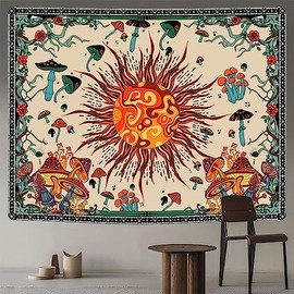 Meagtlva 59x51 Inch Sun Tapestry,Mushoom Tapestry,Wall Hanging Tapestry Aesthetic,Tapestry for Bedroom Living Room (Burning Sun)
