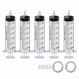 Pack of 5 Plastic Syringes with Hose 60 ml, Disposable Syringe Plastic Syringe & Feed Syringe Dosing Syringe in Individual Packaging. Ideal for Fine Dosages, Hobby, Crafts and Pets (5, 60 ml)