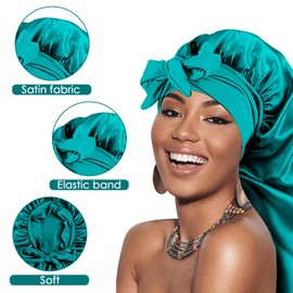 Adorila Extra Long Satin Bonnet for Women, Adjustable Braided Bonnet with Tie, Double Layer Elastic Silk Bonnet, Green