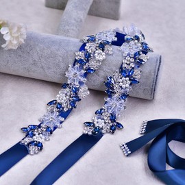 LOVFOIVER Rhinestone Wedding Bridal Belt for Women Formal Dress Handmade Crystal Beading Wedding Sash Belt (Blue)