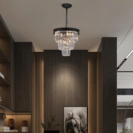 Weesalife Crystal Chandeliers for Dining Room Light Fixtures Over Table，4-Lights Modern Black Crystal Pendant Lighting Fixture，3 Tiers Small Chandeliers for Kitchen Island Bedroom Entryway D12 Inch