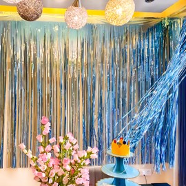 Metallic Tinsel Foil Fringe Backdrop 3.28x6.56ft -Photo Booth Background for Birthday Party Decoration Baby Shower Engagement Wedding Christmas Decoration (Laser Light Blue,5PCS, 3.28 * 8.2ft)