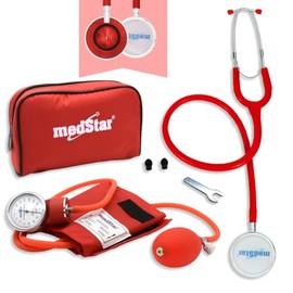Baumanometro Aneroide Medstar Kit con Estetoscopio de Doble Campana FULL COLOR (ROJO)