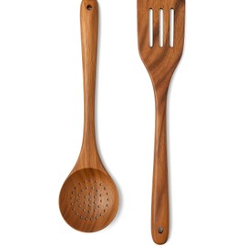 18 Inch Long Wooden Slotted Spoon for Cooking, Acacia Wood Spoon with Holes (Spoon and Spatula Set)
