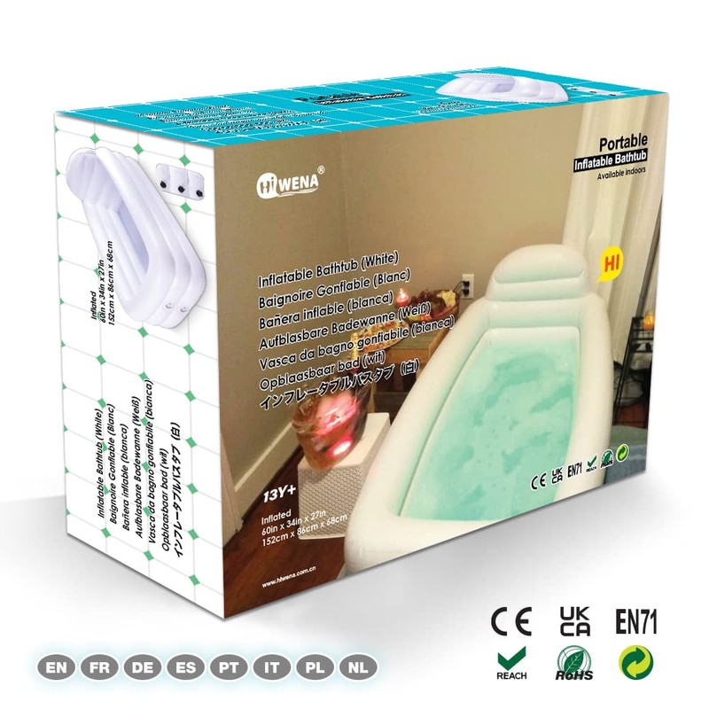HIWENA Inflatable Portable Bathtub, White Durable Soaking Bath Tub with