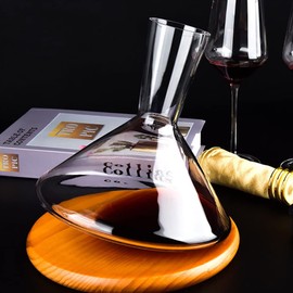 Wine Decanter,360° Rotating Wine Carafe with Wood Base,1400 ML Lead-Free Glass Wine Aerator Set For Wine Lovers Gifts for Men (transparent)