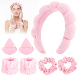 TXG Diademas para Cabello Mujer, Juego de 7 Diadezmas y Muñequeras de Spa, Muñequeras Skincare para Ducharse, Diadema de Maquillaje, Lavarse, Desmaquillaje (Rosa, Estándar)