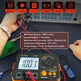 Probador digital de resistencia de aislamiento, medidor de megohmios YF-VC60B+, probador de voltaje 250/500/1000V, medidor de megohmios con visualización LCD de retroiluminación, retención de datos