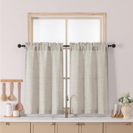 Chyhomenyc Curtains 36 Inch Length, Light Filtering Faux Linen Textured Half Window Kitchen Window Curtains Over Sink, Short Curtain for Cabinet Bathroom Basement, 30Wx36L, 2PCS, Linen Color