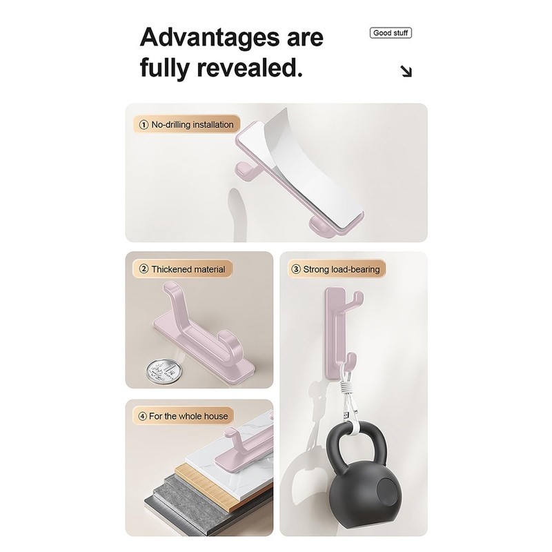 Self-Adhesive Wall Hooks, Pink, ABS Material, No-Hole Design, Waterproof Utility