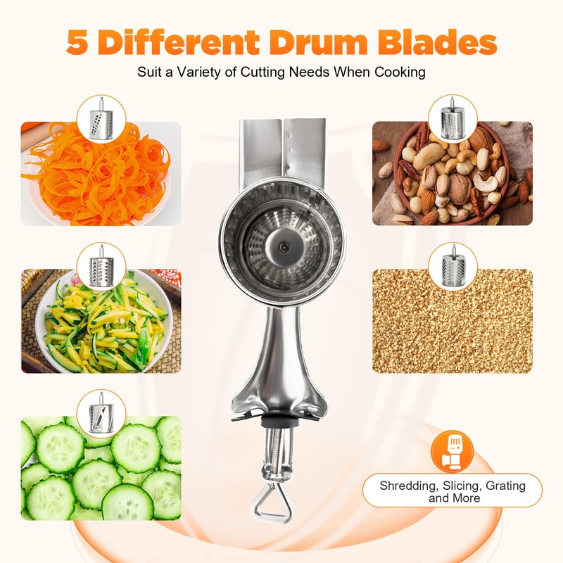 DYNAMI 5 in 1 Stainless Steel Rotary Grater,Kitchen Grater Vegetable