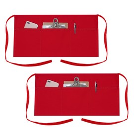 TOPTIE 2 Pack 3 Pockets Waitress Waist Apron, Restaurant Half Aprons, Polyester Cotton, 24" W x 12" H-Red