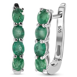 TJC Sterling Silver Emerald Hoop Earrings for Women with Birthstone - Platinum Plated Fish Hook Earrings with Prong Setting Gemstones