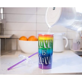 Silver Buffalo Love is Love 20 Oz Plastic Cold Cup with Glitter Lid and Straw, multicolor, large (NL14638FG)