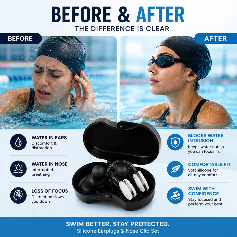 Swimming Earplugs & Nose Clip Set for Adults – Reusable