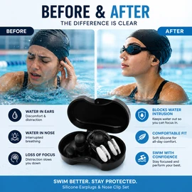 Swimming Earplugs & Nose Clip Set for Adults – Reusable Silicone Water Sports Kit with Storage Box