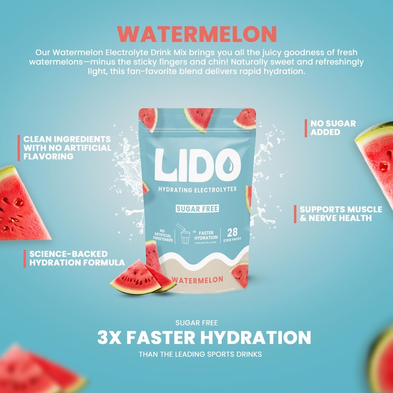 LIDO Watermelon Electrolyte Powder Packets — Clean, Zero-Sugar Hydration Drink