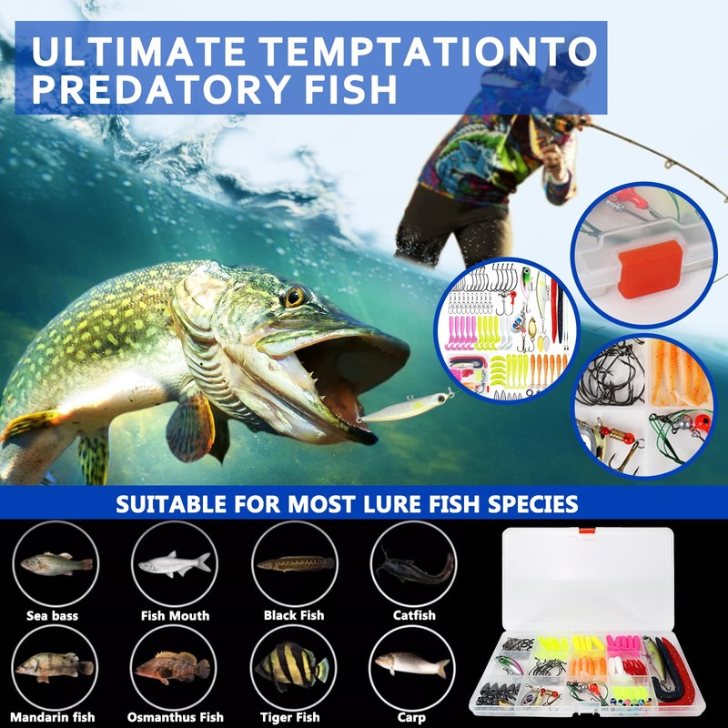 RoseFlower 114 PCS Fishing Lure Set, Includes Hard and Soft