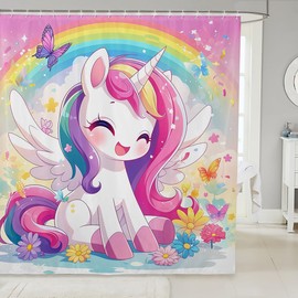 Manfei Cute Unicorn Kids Shower Curtains Cartoon Rainbow Unicorn Waterproof Bath Curtains with 12 Hooks Suits for Bathtub, Girly Floral Butterfly Bathroom Curtains for Girls Princess, 72" W x 78" L